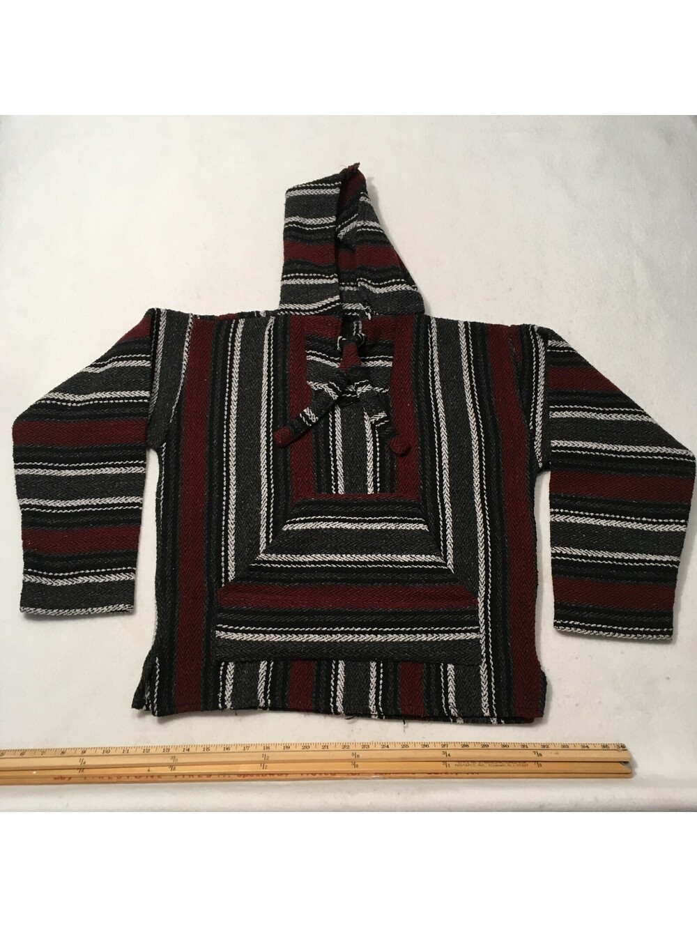 Vintage Knit Sweater Mens L Gray Black Red DRUG RUG PANCHO Hoodie see pics-tear